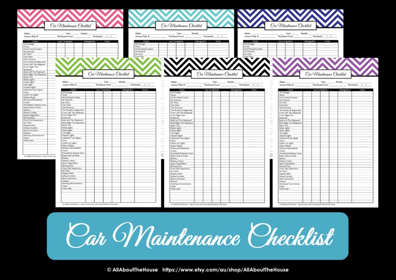 Puede incluir: Lista de verificaci&oacute;n de mantenimiento de autom&oacute;viles imprimible en seis patrones de chevron diferentes: rosa, turquesa, verde, blanco y negro, morado y azul. La lista de verificaci&oacute;n incluye una secci&oacute;n para la marca, el modelo, el a&ntilde;o, el kilometraje y la fecha del &uacute;ltimo servicio. La lista de verificaci&oacute;n incluye una lista de elementos para verificar, como el cambio de aceite, la rotaci&oacute;n de los neum&aacute;ticos, el filtro de aire y las pastillas de freno.