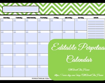 EDITABLE Printable Calendar Perpetual Monthly 1 page Monday Start Chevron Any Year Meal Planner cleaning family 2020 pdf instant download