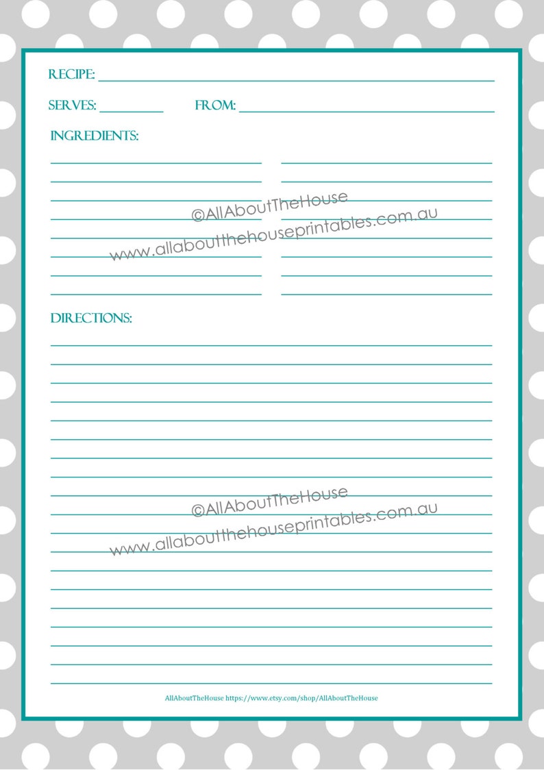 Recipe Binder Printable Recipe Sheet Recipe Card EDITABLE polka dot grey Recipes to Try Template PDF Binder Cover Spine Favorite Recipes image 4