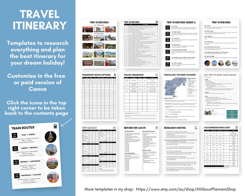 Travel Itinerary Template travel planner vacation trip hotel bookings day tours daily packing list fully editable & customisable in Canva image 2