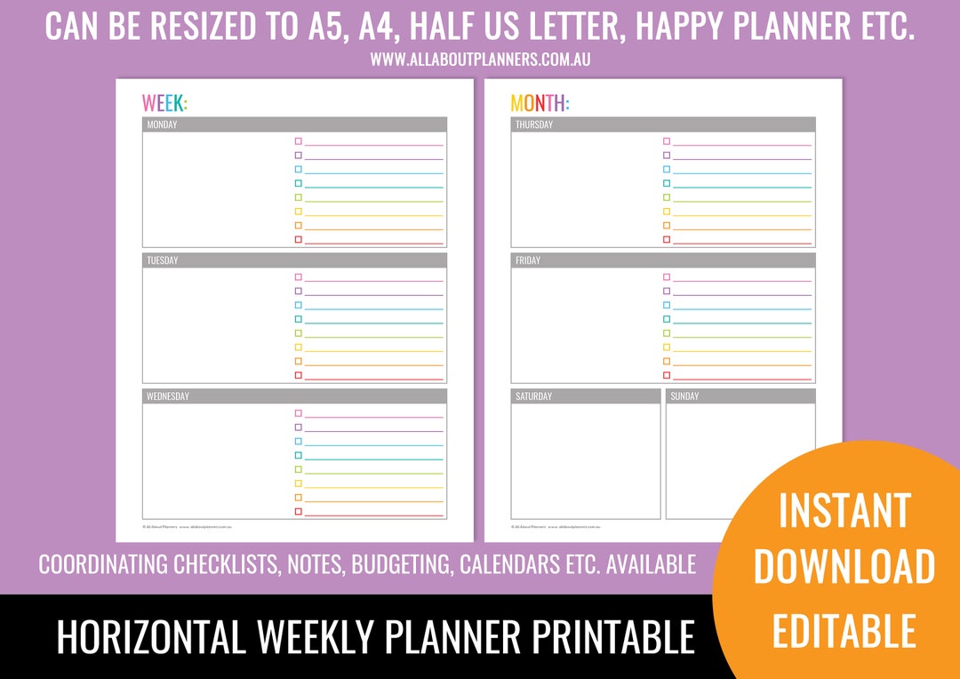 Weekly Planner Printable Horizontal Editable 1 Page Rainbow Checklist ...