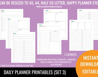 Daily planner editable printable fillable pdf rainbow US letter size resize a5 half junior or use in goodnotes digital planner (set 3)