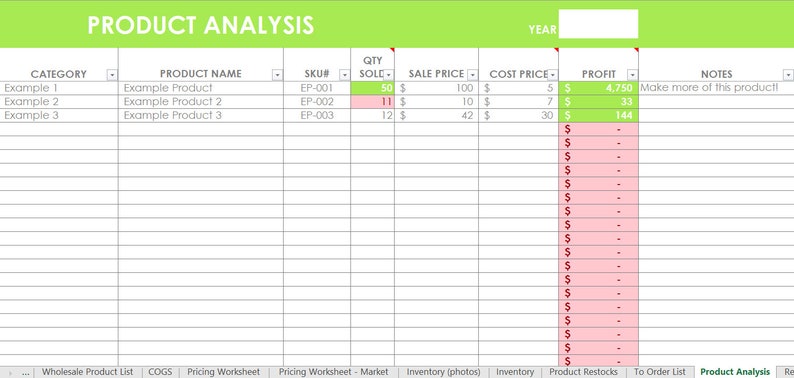 Inventory spreadsheet etsy seller tool shop management supplies materials cost of goods sold wholesale retail pricing worksheet excel GREEN image 7