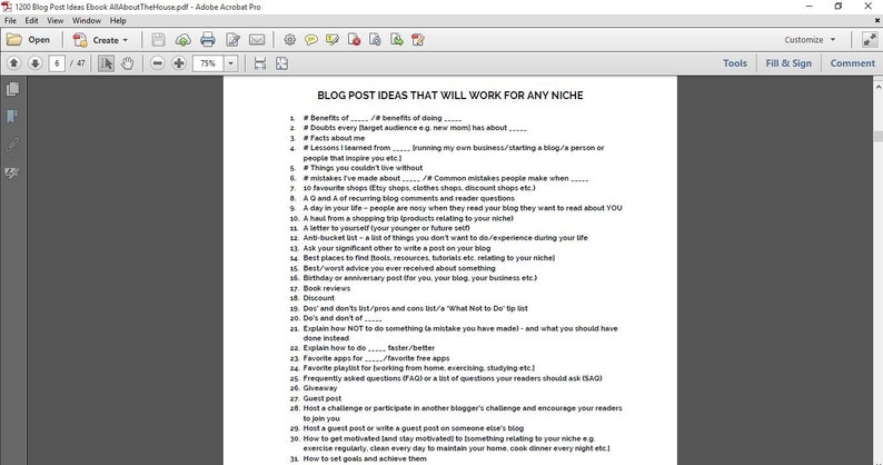 1200 Blog Post Ideas Ebook printable blogging, blog post ideas, blog topic, blog headlines, blog brainstorm, editable worksheet, instant DL image 3