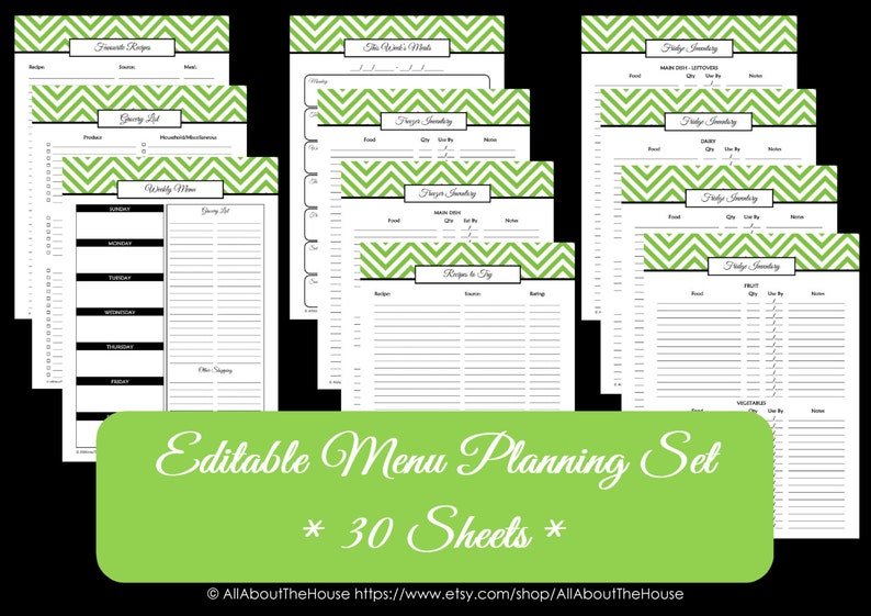 GREEN EDITABLE Menu Planner Printables Meal Planning Organisation Household Binder Chevron Planner Printables pdf INSTANT Dl image 4