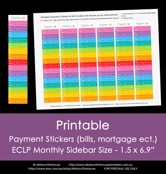 Bill Payments Printable Planner Stickers for Erin Condren, Plum Paper (or any other planner) Calendar Monthly Sidebar Rainbow Instant DL Il_570xn