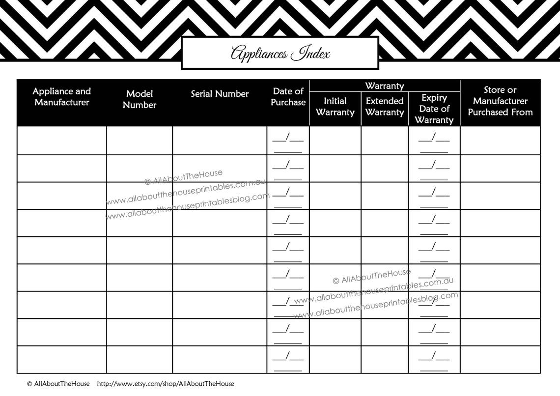 Appliances Index Printable Warranties and Manuals Kitchen Etsy Australia