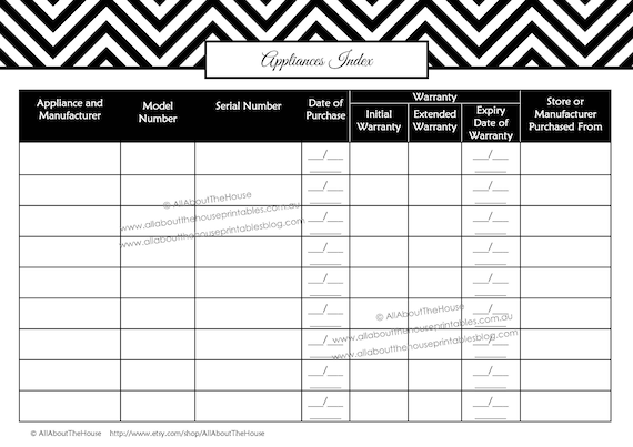 Appliances Index Printable Warranties And Manuals Kitchen Organization Tracker Household Binder Editable Pdf Print Full Page A5 Or Custom By Allaboutthehouse Catch My Party