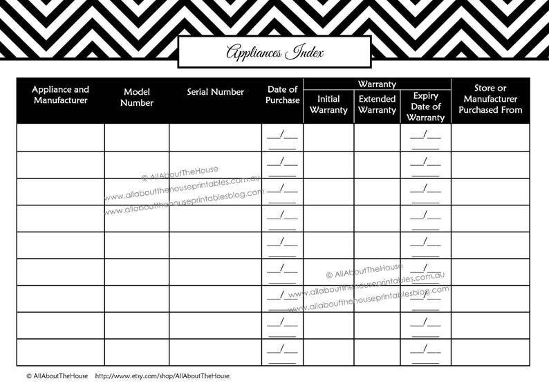 Appliances Index printable Warranties and manuals kitchen Etsy