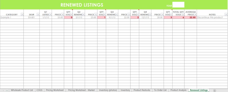 Inventory spreadsheet etsy seller tool shop management supplies materials cost of goods sold wholesale retail pricing worksheet excel GREEN image 4