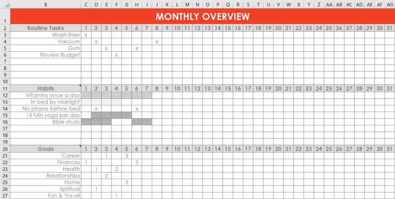Monthly Habit Tracker spreadsheet Excel routine tasks, goals, google sheets template organize daily weekly monthly tasks cleaning chores image 6