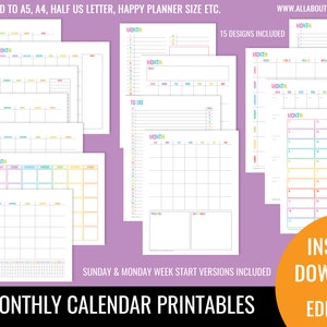 Monthly Calendars printable editable planner insert refill habit tracker to do shopping grocery task organizer agenda US letter size resize image 1