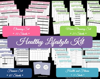 EDITABLE Healthy Lifestyle Kit Chevron Printables Finance Set Cleaning Meal Planning Household Binder Health & Fitness - Binder Covers -PDF