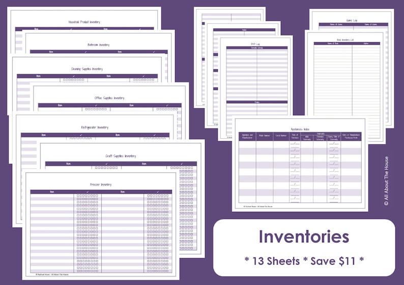 May include: A set of 13 printable inventory sheets in a purple and white color scheme. The sheets are designed for organizing household items, including pantry, bathroom, cleaning supplies, office supplies, refrigerator, craft supplies, and more. The text "Inventories * 13 Sheets * Save $11 *" is at the bottom of the image.