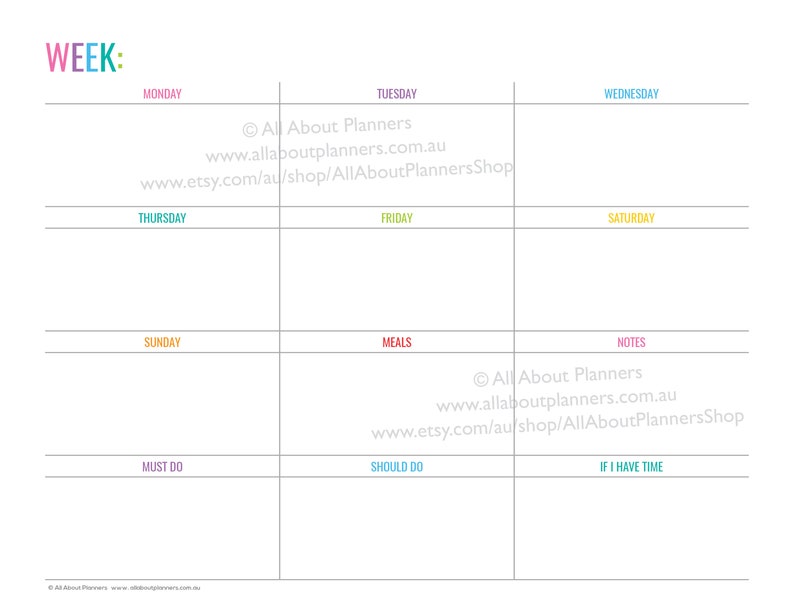 Weekly planner printable 1 page landscape spread insert editable refill to do checklist rainbow US letter size resize a5 half junior image 3