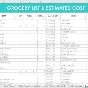 Grocery List excel spreadsheet or use in Google Sheets or numbers mac food meal planning tool simple easy to use automatic formula calculate