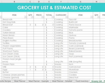 Grocery List excel spreadsheet or use in Google Sheets or numbers mac food meal planning tool simple easy to use automatic formula calculate