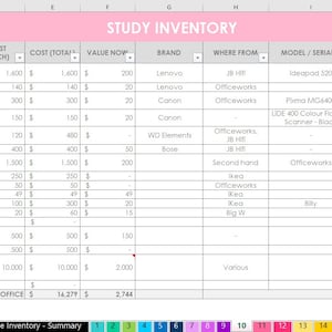 May include: A spreadsheet with a pink header row labelled "STUDY INVENTORY". The spreadsheet lists items, date purchased, quantity, cost per item, total cost, value now, brand, where from, model/serial number, warranty in years, receipt files, and notes. The spreadsheet is filled with data about office supplies and electronics.