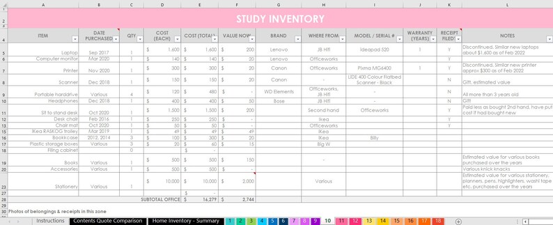 May include: A spreadsheet with a pink header row labelled "STUDY INVENTORY". The spreadsheet lists items, date purchased, quantity, cost per item, total cost, value now, brand, where from, model/serial number, warranty in years, receipt files, and notes. The spreadsheet is filled with data about office supplies and electronics.