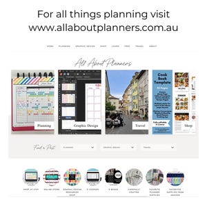 Op de afbeelding: Een website-screenshot van allaboutplanners.com.au met een navigatiemenu, een koptekst met de tekst All About Planners en vier hoofdafbeeldingssecties met de labels Planning, Graphic Design, Travel en Shop. Daaronder staan cirkelvormige iconen.
