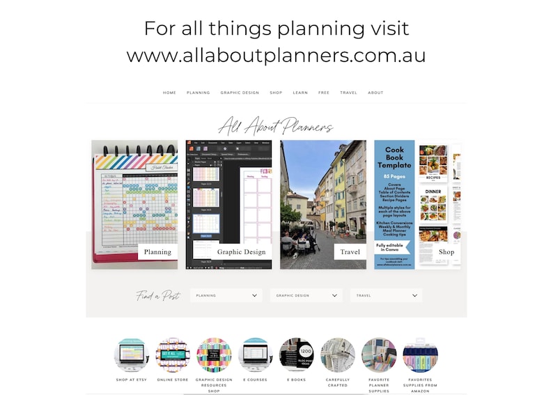 Op de afbeelding: Een website-screenshot van allaboutplanners.com.au met een navigatiemenu, een koptekst met de tekst All About Planners en vier hoofdafbeeldingssecties met de labels Planning, Graphic Design, Travel en Shop. Daaronder staan cirkelvormige iconen.