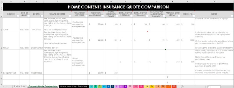 May include: A spreadsheet comparing home contents insurance quotes from three different companies. The spreadsheet includes columns for the insurer, date of quote, quote number, what's covered, what's not covered, contents value quote, home contents cover, extra cover (portable), extra cover (valuable), extra cover (accidental damage), premium cost (total), excess (&pound;), and notes. The spreadsheet shows that the quotes vary in price and coverage.