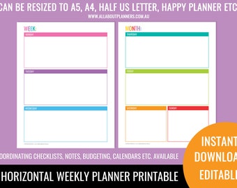 Weekly planner printable horizontal editable 1 page rainbow checklist cleaning shopping letter size can resize to A5 or happy planner mambi