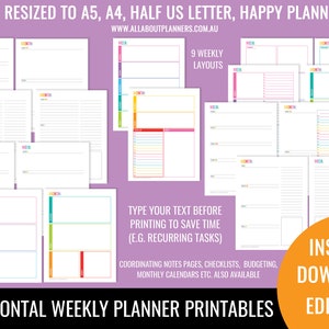 Weekly planner printable 2 page spread insert editable refill to do checklist rainbow ink friendly US letter size resize a5 half junior (V2)