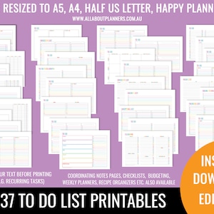 checklist printable planner insert editable refill to do shopping grocery task organizer agenda US letter size resize a5 personal size half