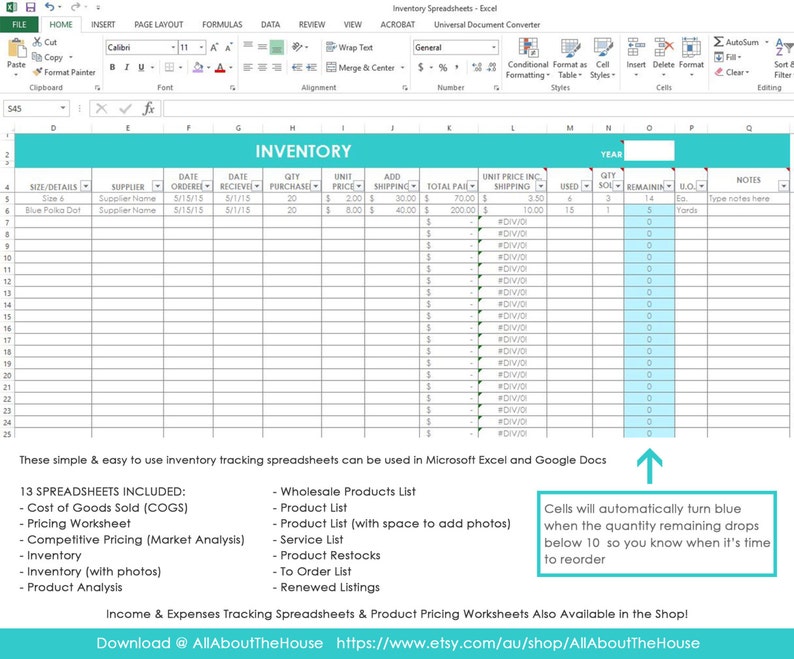 Inventory spreadsheet etsy seller tool shop management supplies materials cost of goods sold wholesale retail pricing worksheet excel GREEN image 9