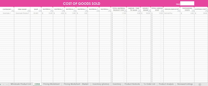 Inventory spreadsheet etsy seller tool shop management supplies materials cost of goods sold wholesale retail pricing worksheet excel PINK image 5