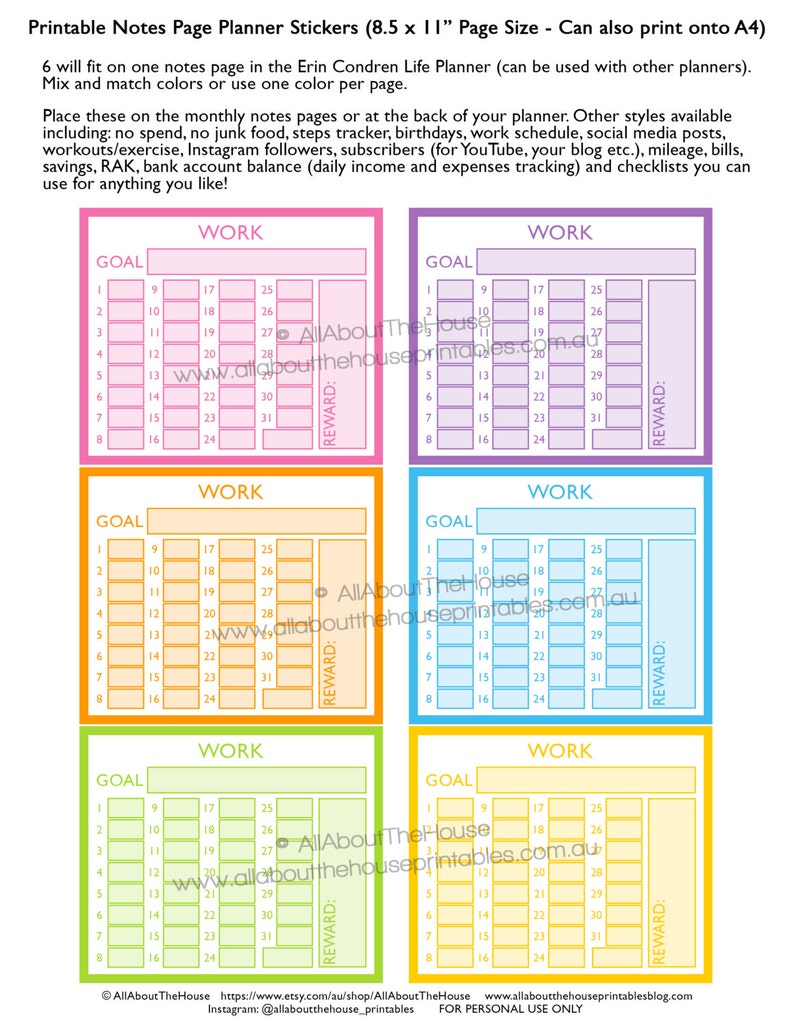 Work planner stickers notes page Printable instagram follower stats made for Erin Condren ECLP Rainbow monthly tracker happy plum NPTS4 image 1