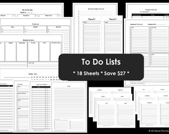 To Do's Printables - To Do Lists - Organisation - Household Binder - 18 sheets - Value Pack