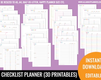 checklist printable planner insert editable refill to do shopping grocery task organizer agenda US letter size resize a5 personal size half