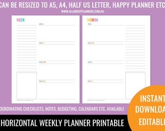 Weekly planner printable horizontal editable 1 page rainbow checklist cleaning shopping letter size can resize to A5 or happy planner mambi