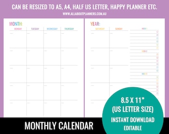 Editable printable monthly calendar planner insert refill goals monday start organizer agenda US letter size resize a5 personal size half