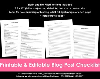 Blog post checklist printable planner page before and after publish Blog Management Organisation tool organize INSTANT Download editable PDF