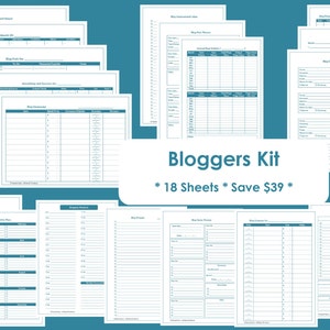 May include: A set of 18 printable planner sheets for bloggers, designed to help with blog planning, content creation, and social media scheduling. The sheets are white with blue headings and lines.