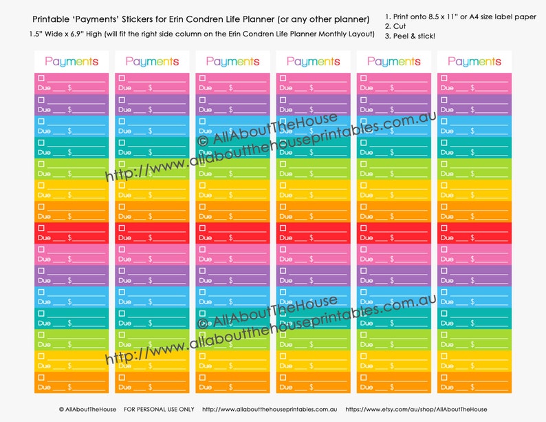 Bill Payments Printable Planner Stickers for Erin Condren, Plum Paper or any other planner Calendar Monthly Sidebar Rainbow Instant DL image 2
