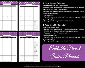 Direct sales calendar and weekly planner printable polka dot perpetual undated editable Pdf business organize home life INSTANT DOWNLOAD