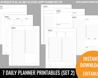 Daily planner editable printable pdf insert refill to do quarterly goals overview future log US letter size resize a5 half junior (set 2)