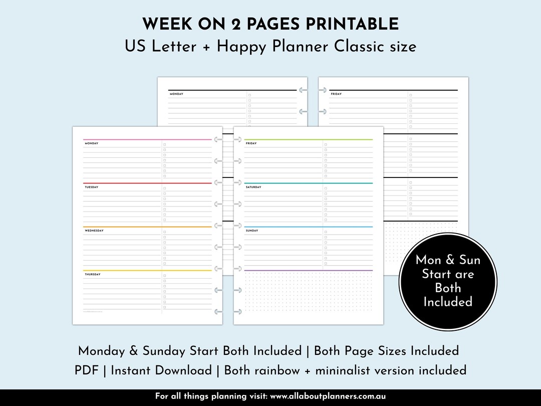 Weekly Planner Horizontal 2 Page Spread Layout Monday Sunday Start ...