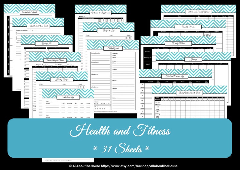 LIGHT BLUE Health and Fitness Printables Workout Printables Meal Planner Home Organisation Household Binder 31 sheets Instant download image 1