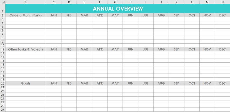 Annual overview spreadsheet Excel routine task goals google sheet template organize daily weekly monthly tasks cleaning chores blog business image 1