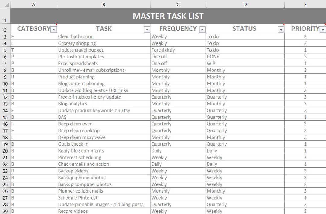 Master List Template Excel