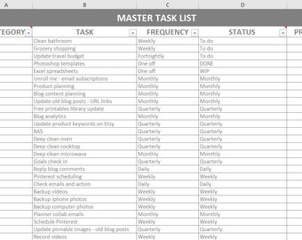 To do list master task list spreadsheet Excel google sheet organize daily weekly monthly tasks workflow business blogging personal family