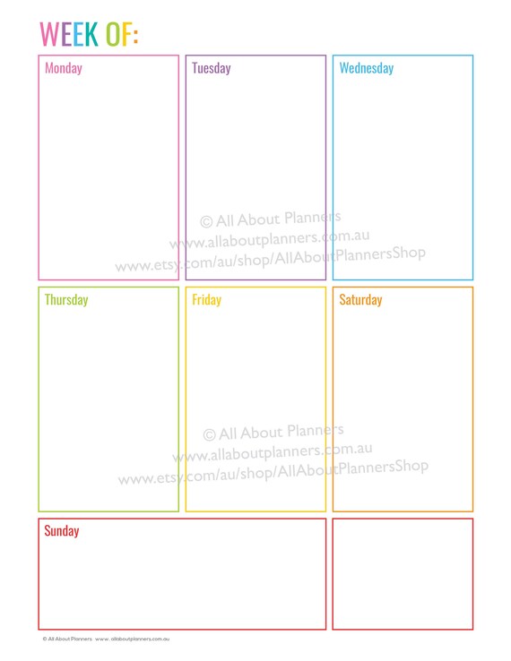 Weekly planner printable horizontal editable 1 page rainbow checklist ...