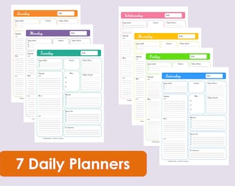 MULTICOLOURED Printable Daily Planners - Time Management - 7 sheets - Product Number 93 - INSTANT DOWNLOAD