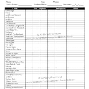 May include: A black and white printable car maintenance checklist with a chevron pattern background. The checklist includes sections for make, model, year, license plate, purchased from, last completed, mileage/km, and notes. The checklist includes items such as oil change, hoses, anti-freeze/coolant, air pressure, air filter, fuel filter, tire pressures, tire rotate & alignment, front left tire replaced, front right tire replaced, back left tire replaced, back right tire replaced, spare tire, brake lights, head lights, tail lights, hazard lights, indicator/turn signal, horn, inside car lights, wiper blades, window/windshield cracks, windshield washer fluid, brake pads & fluids, battery, battery cables, spark plugs/wires, shocks/struts, front end suspension, air filter, replace belts, exhaust system, shock absorbers, exhaust, steering & transmission fluids, and fluid leaks.