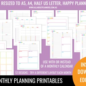 Monthly planning printable goal worksheet overview insert editable refill to do future log US letter size resize a5 half junior mambi